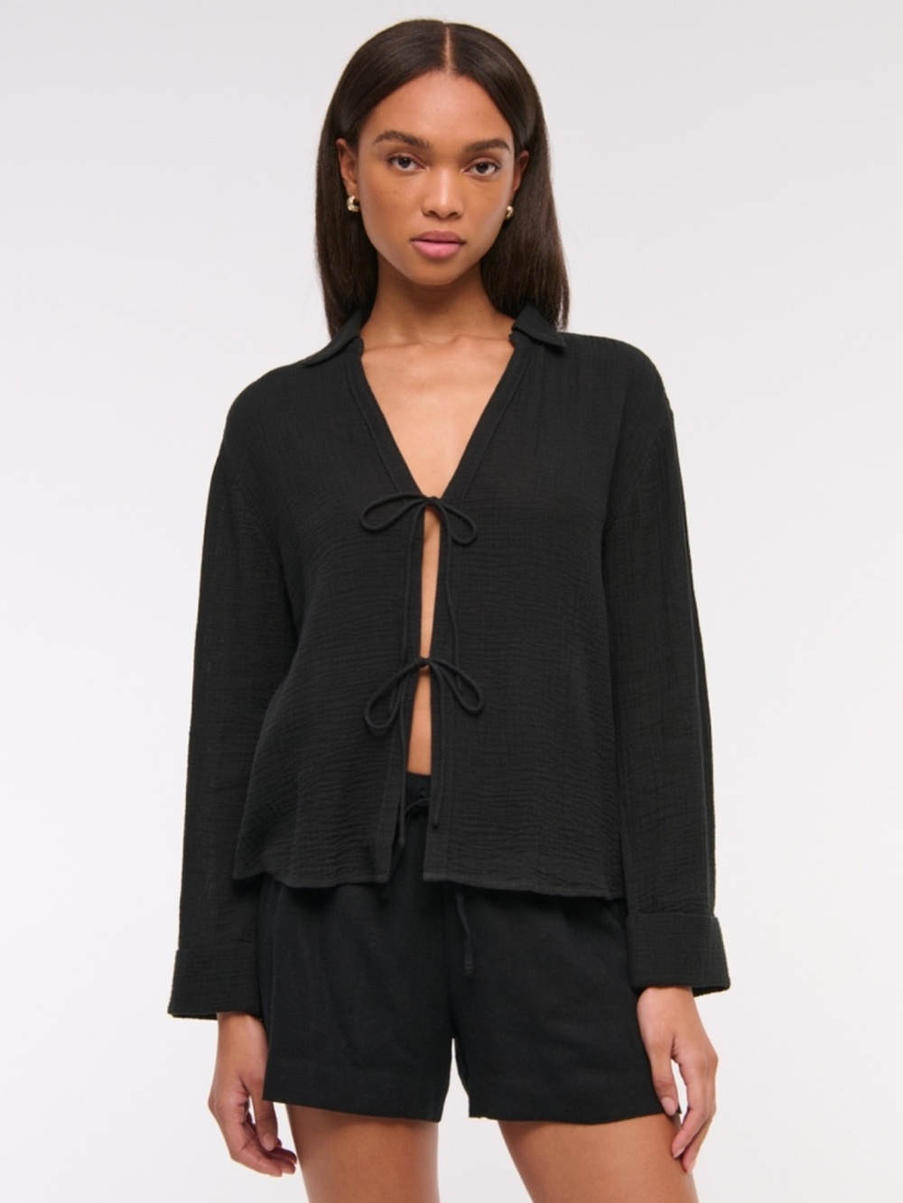 Abercrombie & Fitch Long-Sleeve Oversize Tie-Front Gauze Shirt